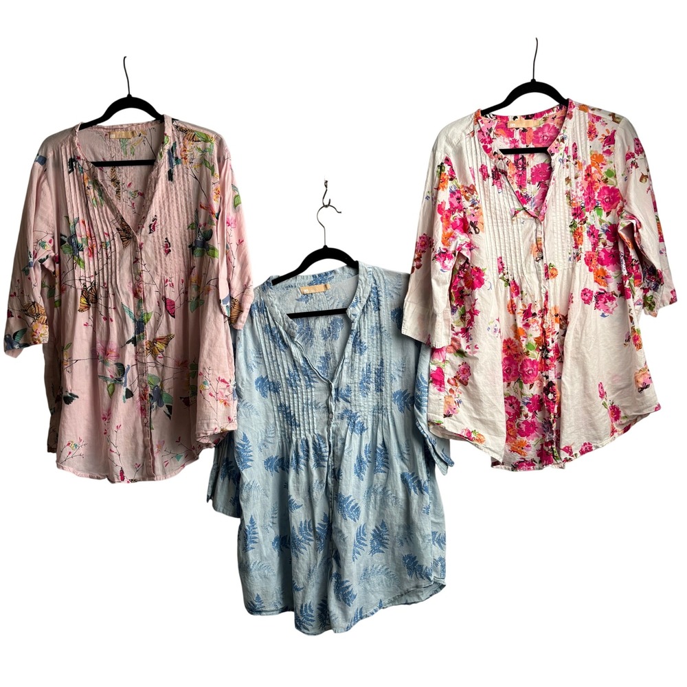 La Cera 1X Cotton Pintuck Blouse Lot 3 Floral Butterfly Fern Pink Blue Boho